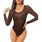 ZNVGIRL Womens Mesh Bodysuit Long Sleeve Top Crew Neck Sheer T Shirt Body Suit Leotard Blouse
