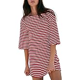 Yousify Women’s T Shirt Dress Cotton Summer Dresses 2026 Casual Loose Short Sleeve Striped Mini Dress with Pockets