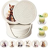 6 Pack Cute Cat Pattern Coasters with Deep Tray Holder, Double Sided Drink Coasters, Beverage Mats for Hot or Cold Drinks, Non-Slip, Non-Stick Silicone with Ceramic Insert Pet Patterned Coaster