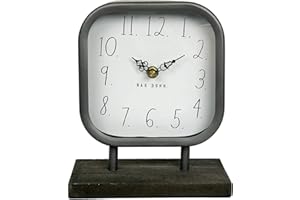 Rae Dunn Desk Clock - Battery Operated Modern Metal Rustic Design with Wooden Base for Bedroom, Office, Kitchen - Small Classic Analog Display - Chic Home Décor for Desktop Table, Countertop