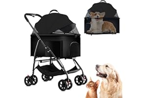 RKROUCO 3 in 1 Dog Strollers 4 Wheels Folding Pet Stroller with Detachable Carrier Multifunction Portable Dogs Travel Carriers for Medium Small Puppy Kittens(Solid Black)