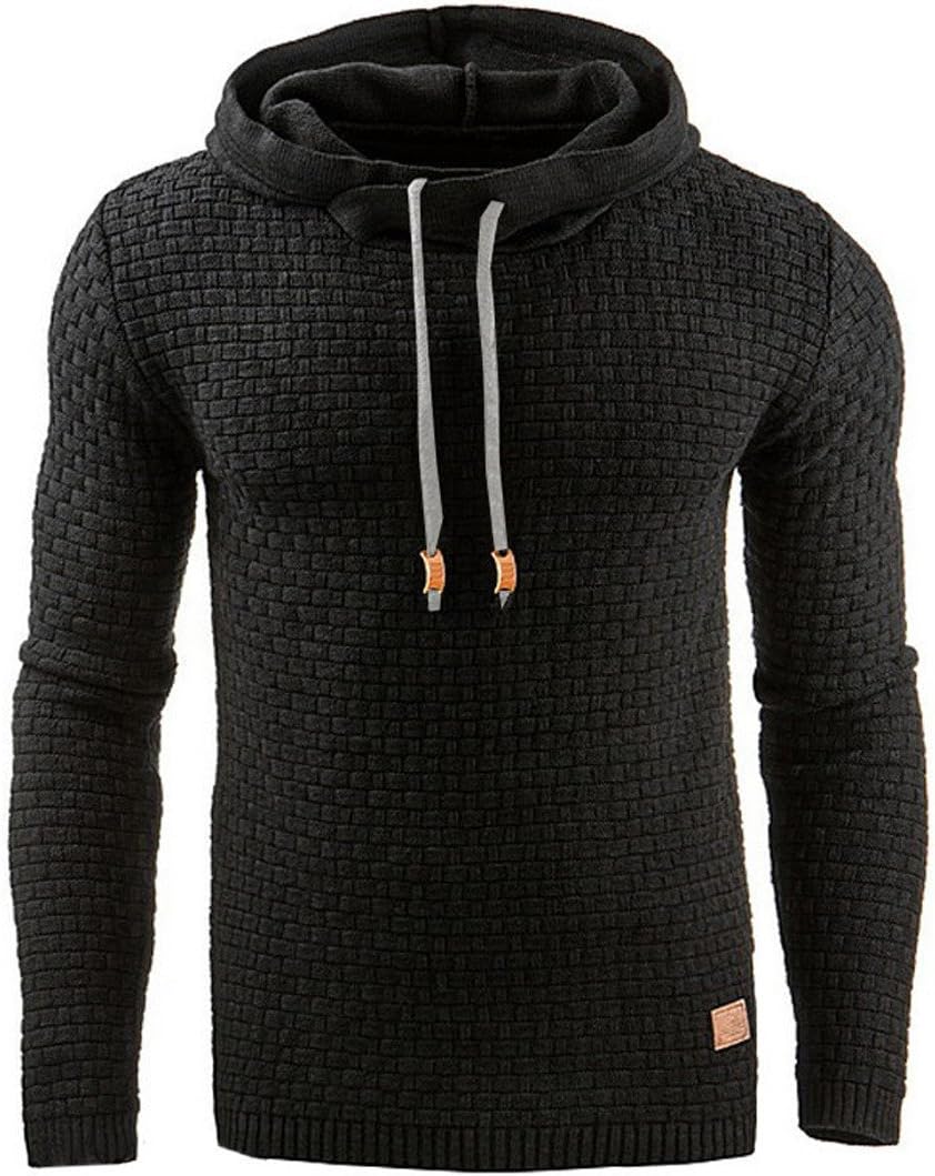 Men's Autumn Winter Casual Warm Long Sleeve Funnel Neck Plaid Jacquard Pullover Hooded Top Thick Knitted Sports Sweatshirt Hoodies Jacket Outwear