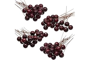 BBTO Artificial Holly Berries, 100 Pieces Mini 10 mm Fake Berries Decor on Wire for Christmas Tree Decorations Flower Wreath DIY Craft Use (Dark Red)