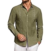 Makkrom Men's Casual Cotton Linen Button Down Shirts Cuban Guayabera Shirt Long Sleeve Summer Beach Tops