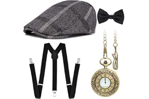 VANVENE 1920s Mens Accessories Gatsby Gangster Bow Tie Pocket Watch Costume Set Gangster Beret Y-Back Suspender