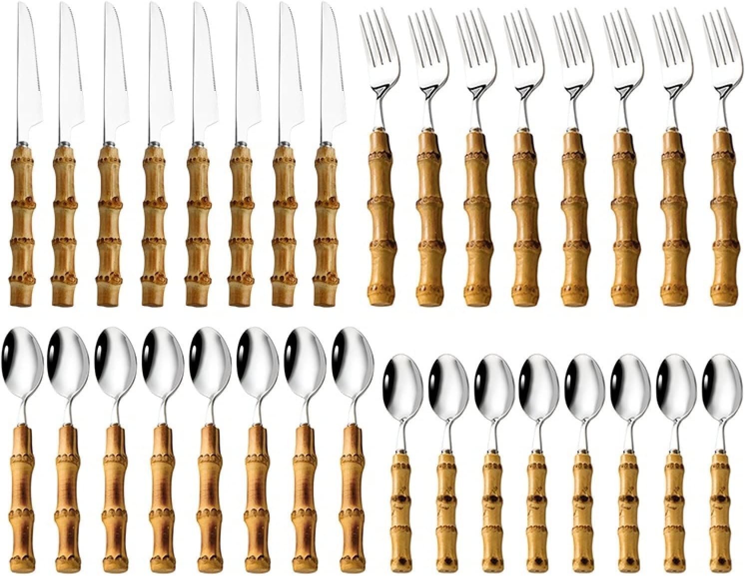 Sobeta Cutlery Set Tableware Set Stainless Steel Purely Natural Bamboo Handle Flatware Set Dinnerware Set 32Pcs Set Silver