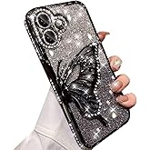 Changjia for iPhone 16 Glitter 3D Butterfly Case,Cute Luxury Bling Sparkly Diamond Rhinestones Liquid Flowing Case with Camera Lens Protector TPU Bumper Women Girls Phone Case for iPhone 16 6.1",Black