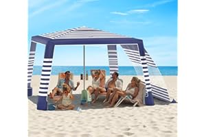 Rhino Valley Beach Cabana, 8 * 8FT Beach Tent UPF50+ Protection, Easy Setup Beach Canopy Wind Resistant with Cup Holder, Compact Beach Shade Foldable Sun Shelter for Whole Family Friend
