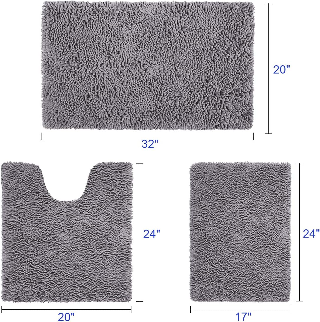 HOMEIDEAS 3 Pieces Bathroom Rugs Set Ultra Soft Non Slip and Absorbent Chenille Bath Rug, Grey Bathroom Rugs Plush Bath Mats for Tub, Shower, Bathroom: Kitchen & Dining