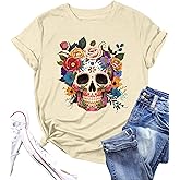 Dia De Los Muertos Shirt Women Funny Day of The Dead Skulls T-Shirt Fall Sugar Skull Garphic Tees Spooky Season Tops