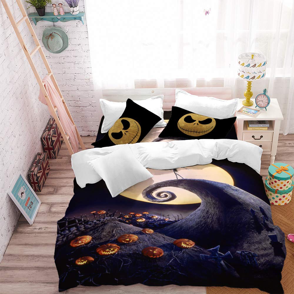 Jessy Home Halloween Pumpkin Duvet Set 3pc Twin Size Nightmare Before Christmas Cartoon Halloween Bedding 1 Quilt Cover With Ghost Smile 2 Pillow