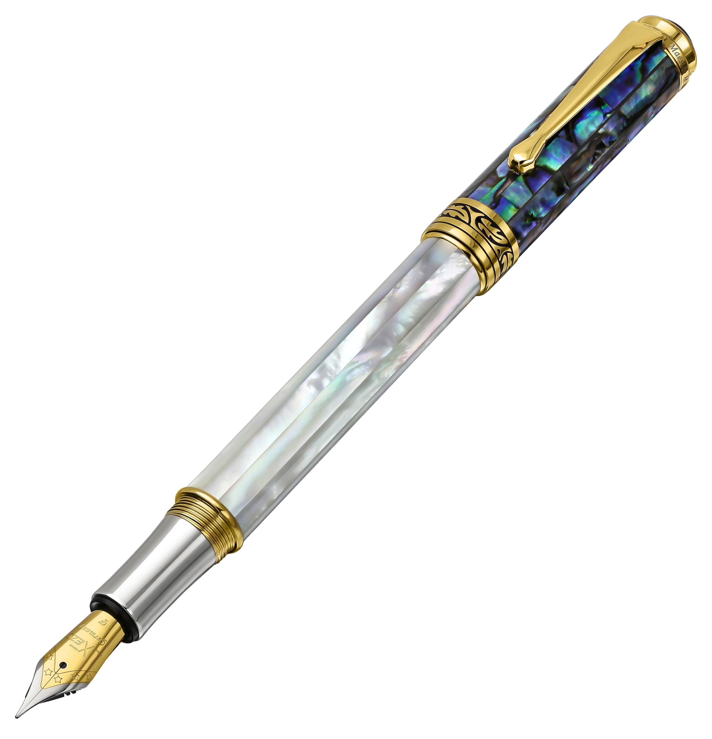 Xezo Maestro Fountain Pen, Fine Nib. Iridescent Oceanic Origin White Mother of Pearl and Pāua Sea Shell. 18 Karat Gold and Pure Platinum Plating. No Two Alike