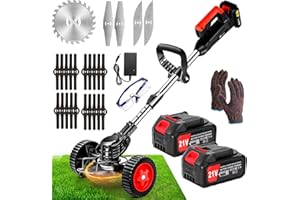 MYSTIQUE MAISON Weed Wacker Battery Operated, Brush Cutter 21v 4.0Ah Weed Trimmer - 3-in-1 Weed Wacker Cordless with Wheels Adjustable Lightweight Grass Trimmer - 4 Cutting Blade Types for Lawns Yard Garden