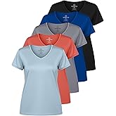 Real Essentials 5 Pack: Women's Dry Fit Short Sleeve V Neck Workout Top - Fitness Gym Athletic Yoga T-Shirt (Plus Available)
