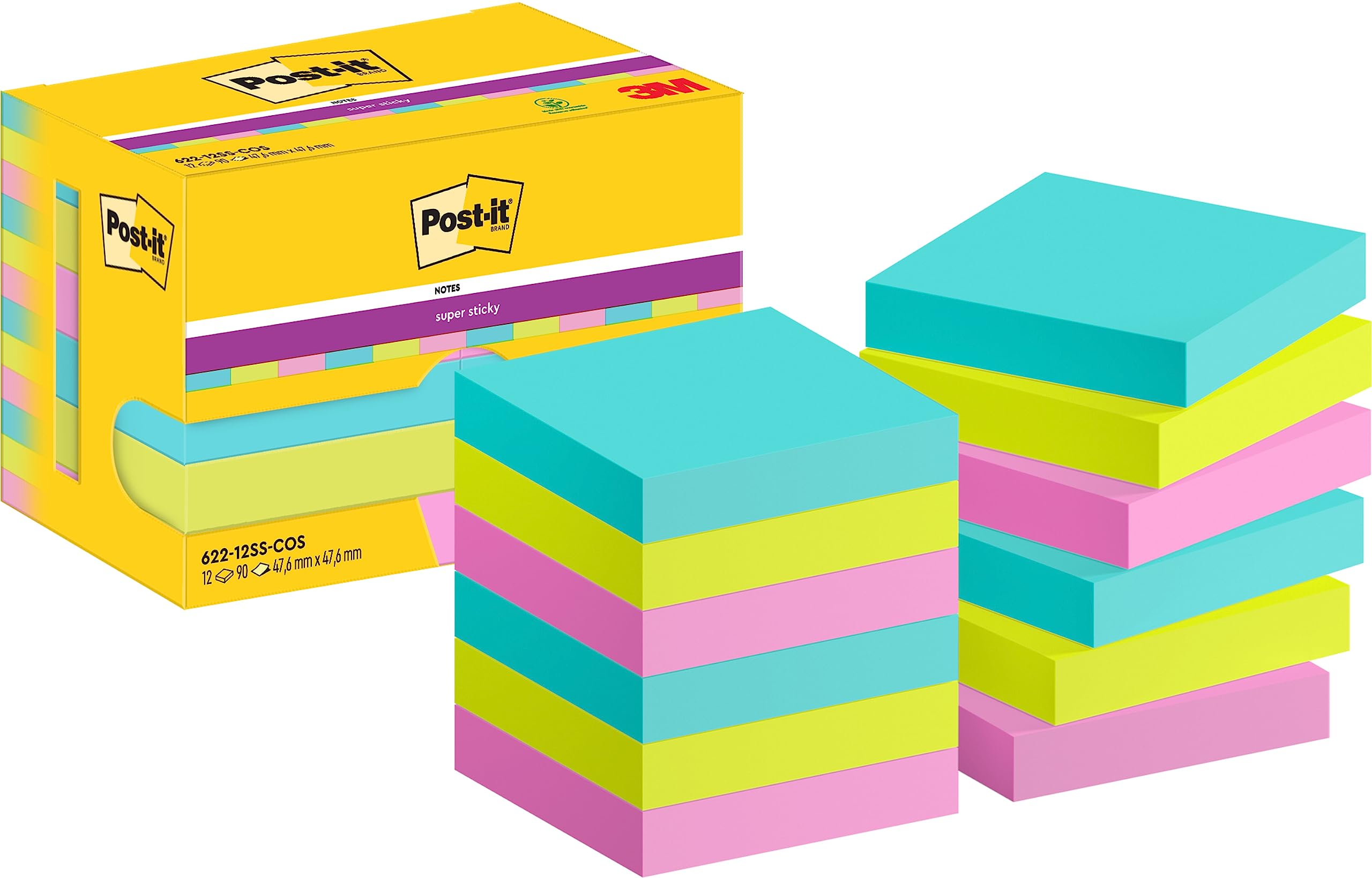 Post-it Super Sticky Notes, 1080 Sheets,Value Pack of 12 Pads, 47.6 mm x 47.6 mm - Holds Strong to Many Surfaces - Bright Colours - for Walls, Monitors and Fridge, Recycable