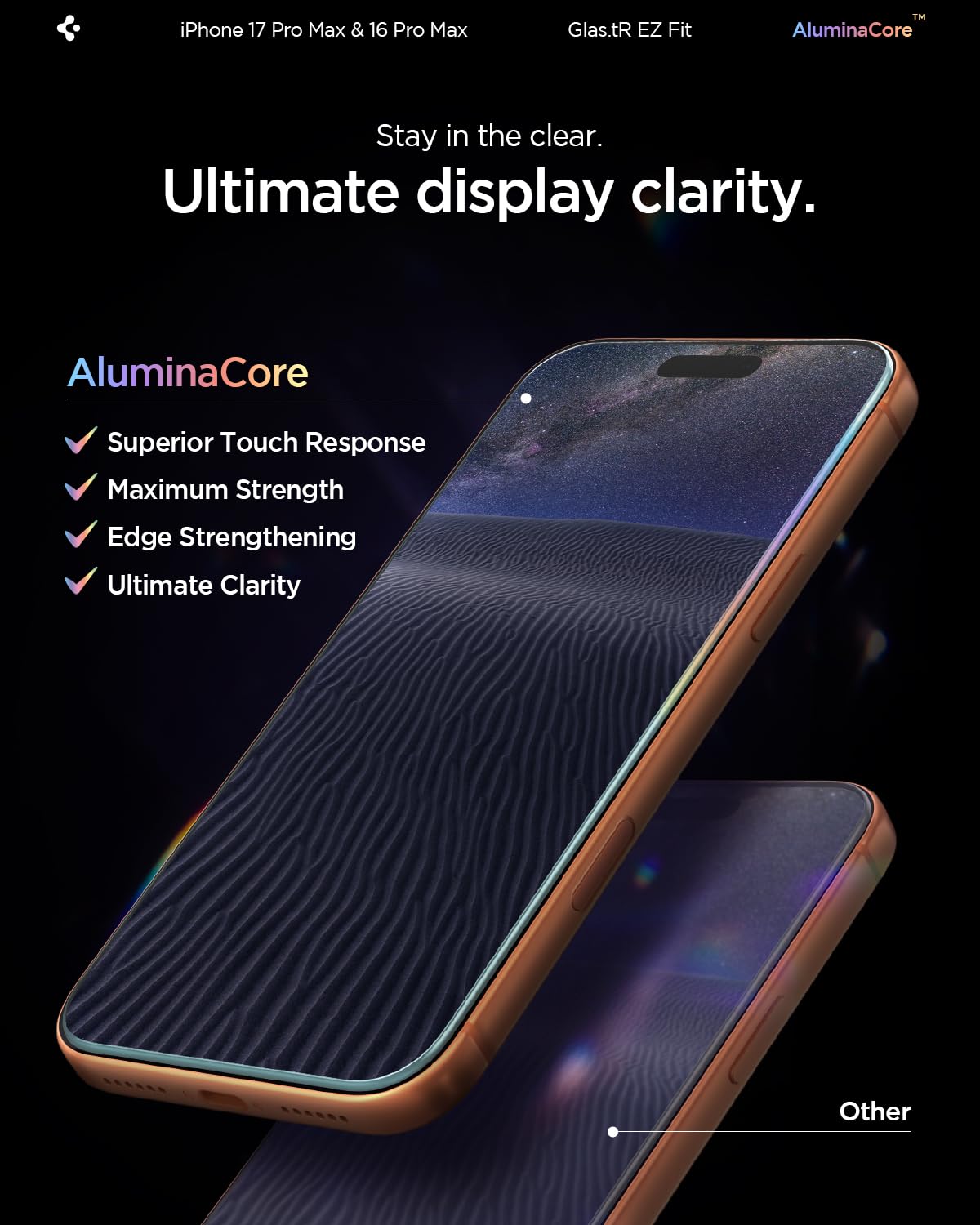Spigen AluminaCore Tempered Glass Screen Protector [Glas.tR EZ Fit] designed for iPhone 17 Pro Max | iPhone 16 Pro Max [2 Pack] 9H+ Hardness, Aluminum-Enhanced Durability