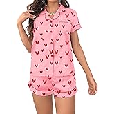 RUEWEY Womens Satin Pajamas Set Heart Print Button Down Shirt Shorts Set 2 Piece Silk Pjs Sleepwear