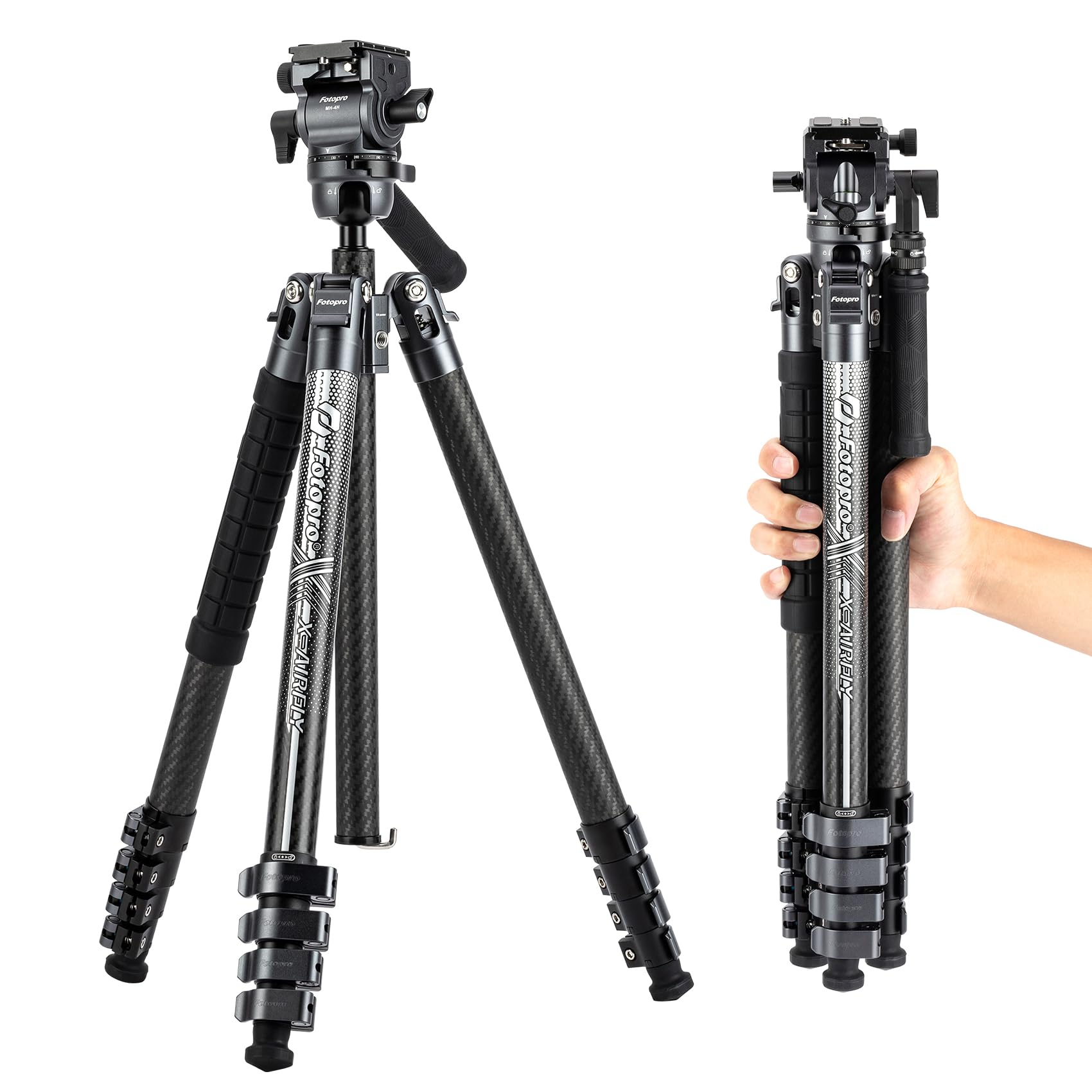 Fotopro X-Airfly Video 64.5 Inch Lightweight Travel Camera Tripod with Fluid Head Panoramic Ball Head 2.95lb Expandable Portable Compact Carbon Fiber Tripod for Camera DSLR Load up to 33lb Grey