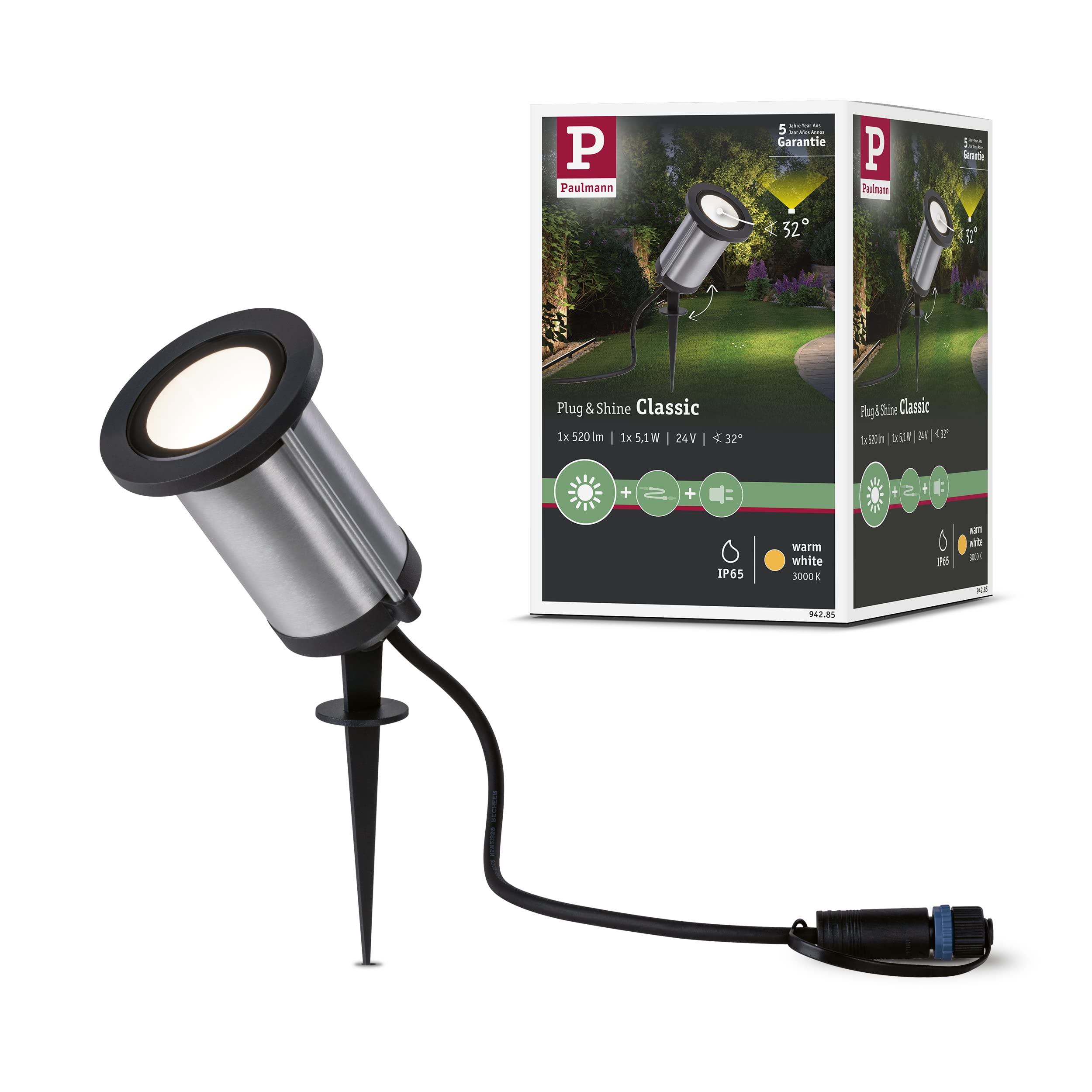 Paulmann 94285 Plug & Shine LED Outdoor luminaire Classic spot incl. 1x5.1 watt IP65 Water-Jet Protected Anthracite Garden Lighting Metal Warm White 3000 K