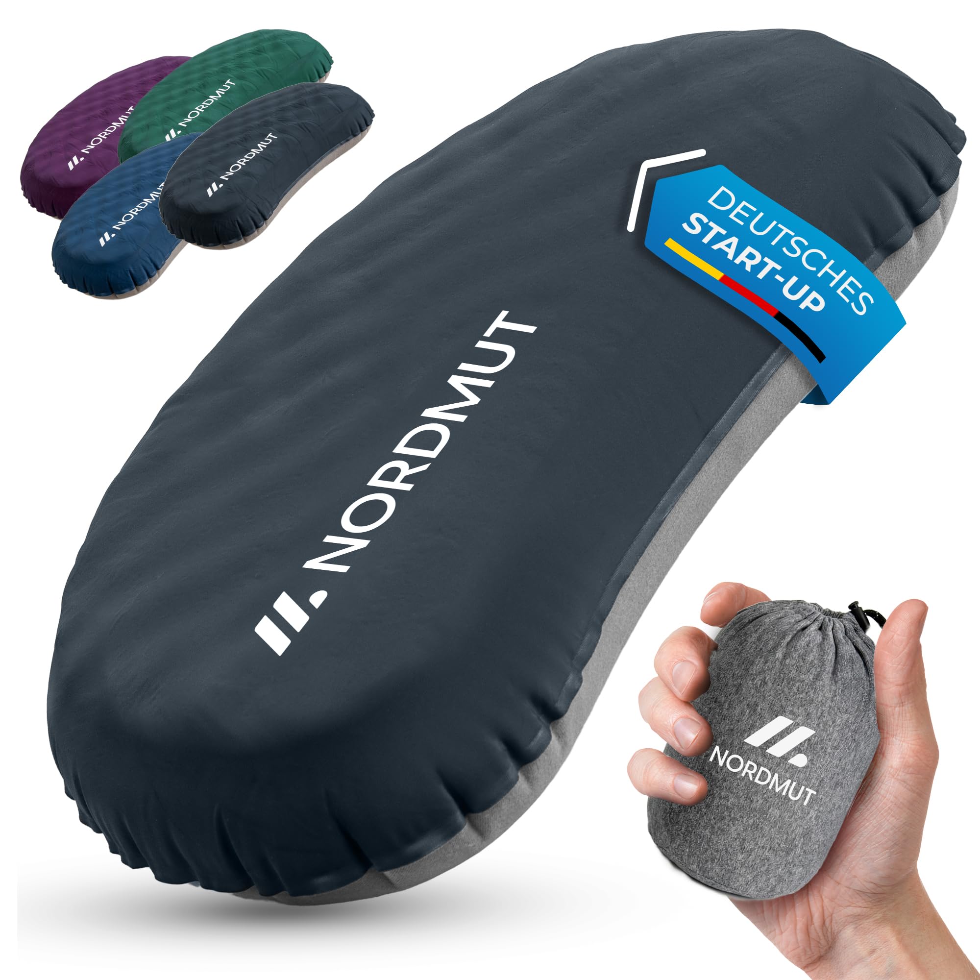 NORDMUT® Campingkissen aufblasbar [SoftSleep+] Komfortables Kissen Ultraleicht mit kleinem Packmaß – Reisekissen aufblasbar inkl. waschbarem Kissenbezug (Schwarz)
