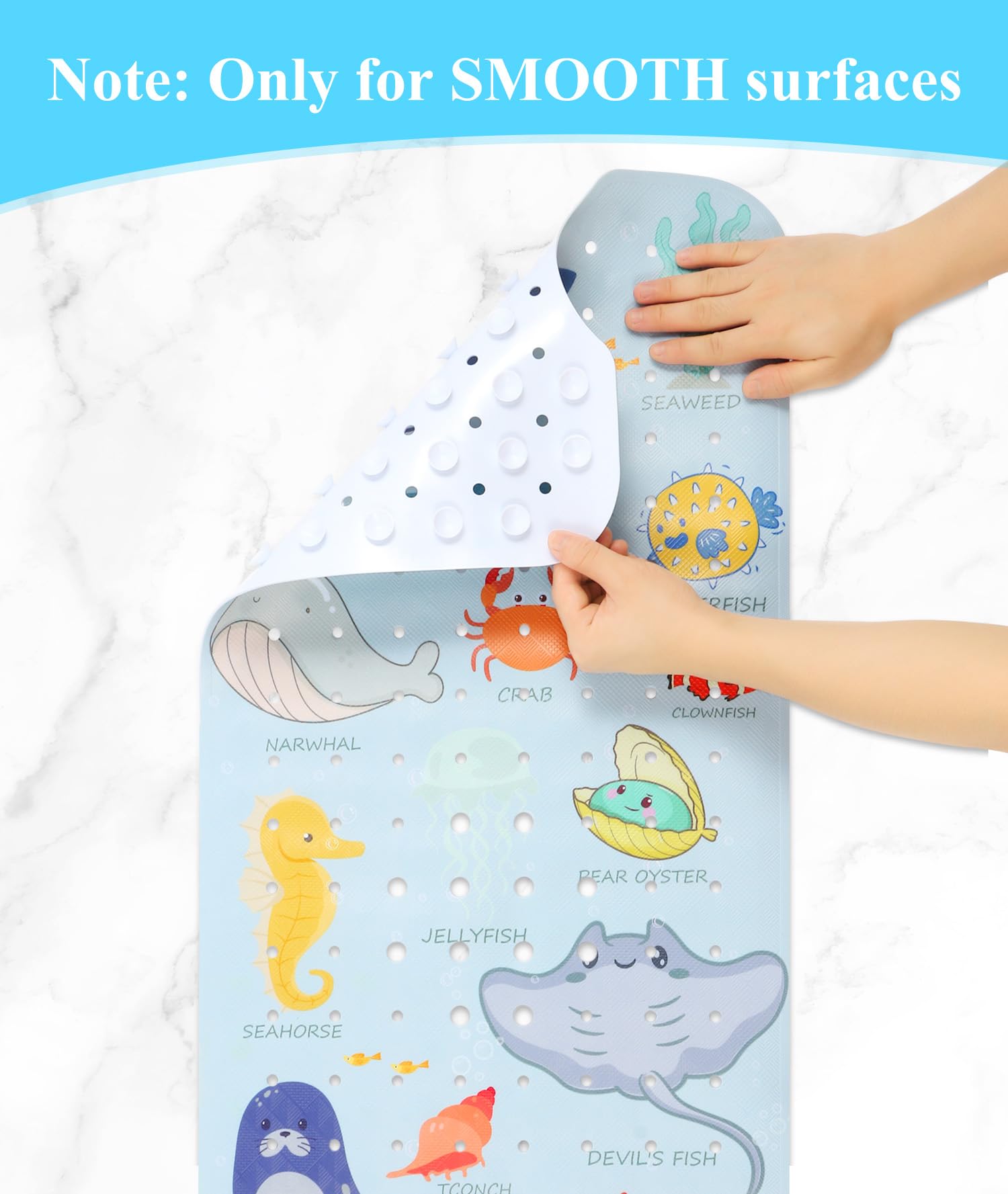 Secopad Bath Mat for Tub Non Slip, Machine Washable Anti-Slip Cartoon Baby Bathtub Shower Mat with Drain Holes and Suction Cups for Toddler & Kids, 40 Inch x 16 Inch, Blue Sea Animals