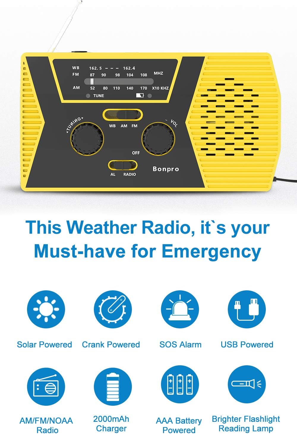 Emergency Radio 2020 New Version Bonpro Weather Radio with Solar and Crank Charger with Flashlight, Reading Lamp and 2000mAh Power Bank NOAA Weather Radio: Home Audio & Theater