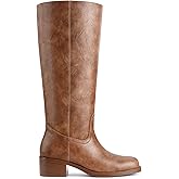 Gothictor Women's Banana Knee High Boots Square Toe Chunky Block Heel Comfortable Low Heel Pull on Wide Calf Riding Long Boots for Women