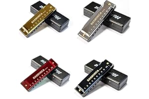 YOKSAS 4Pcs Blues Harmonicas Set C Key 10 Hole with Case Cleaning Cloth for Adults Beginner Students(Gold,Silver,Black,Red)