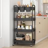 JIUYOTREE 4-Tier Rolling Storage Cart with Lockable Wheels Black view 6