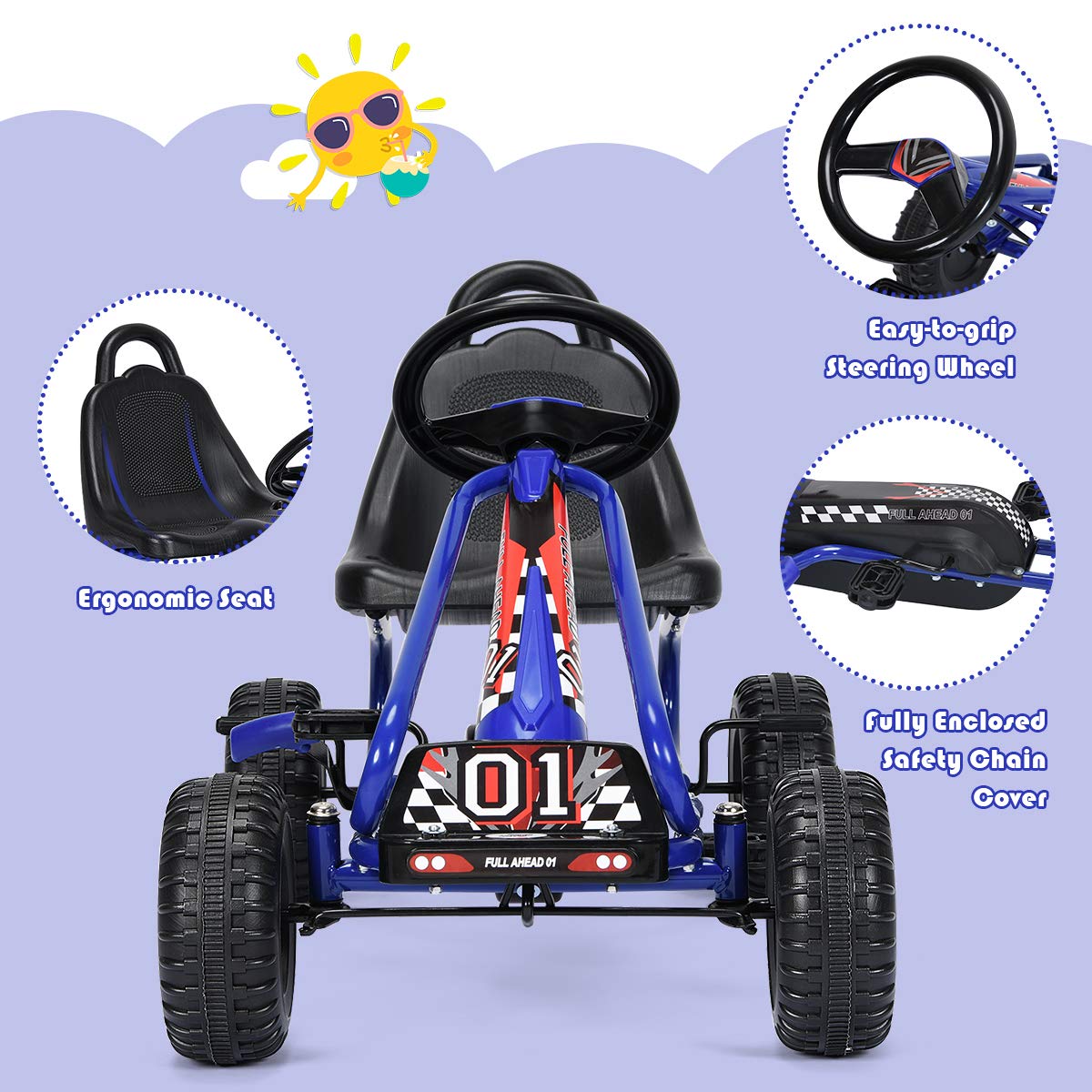 Costzon Go Kart for Kids, 4 Wheel Pedal Powered Go Cart with Adjustable Seat, Handbrake & Non-Slip Wheels, Outdoor Racer Ride On Pedal Car, Gift for Boys Girls (Blue)