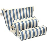 Beayuva 3 Pcs Makeup Bag Set Striped Canvas Purse Cosmetic Bag For Women Travel Toiletry Pouch Organizer pencil case (Blue-White)