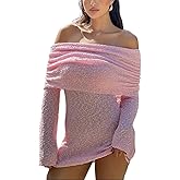 LETSVDO Women's Off Shoulder Mini Dress Bodycon Long Sleeve Knit Crochet Sexy Party Sweater Dresses
