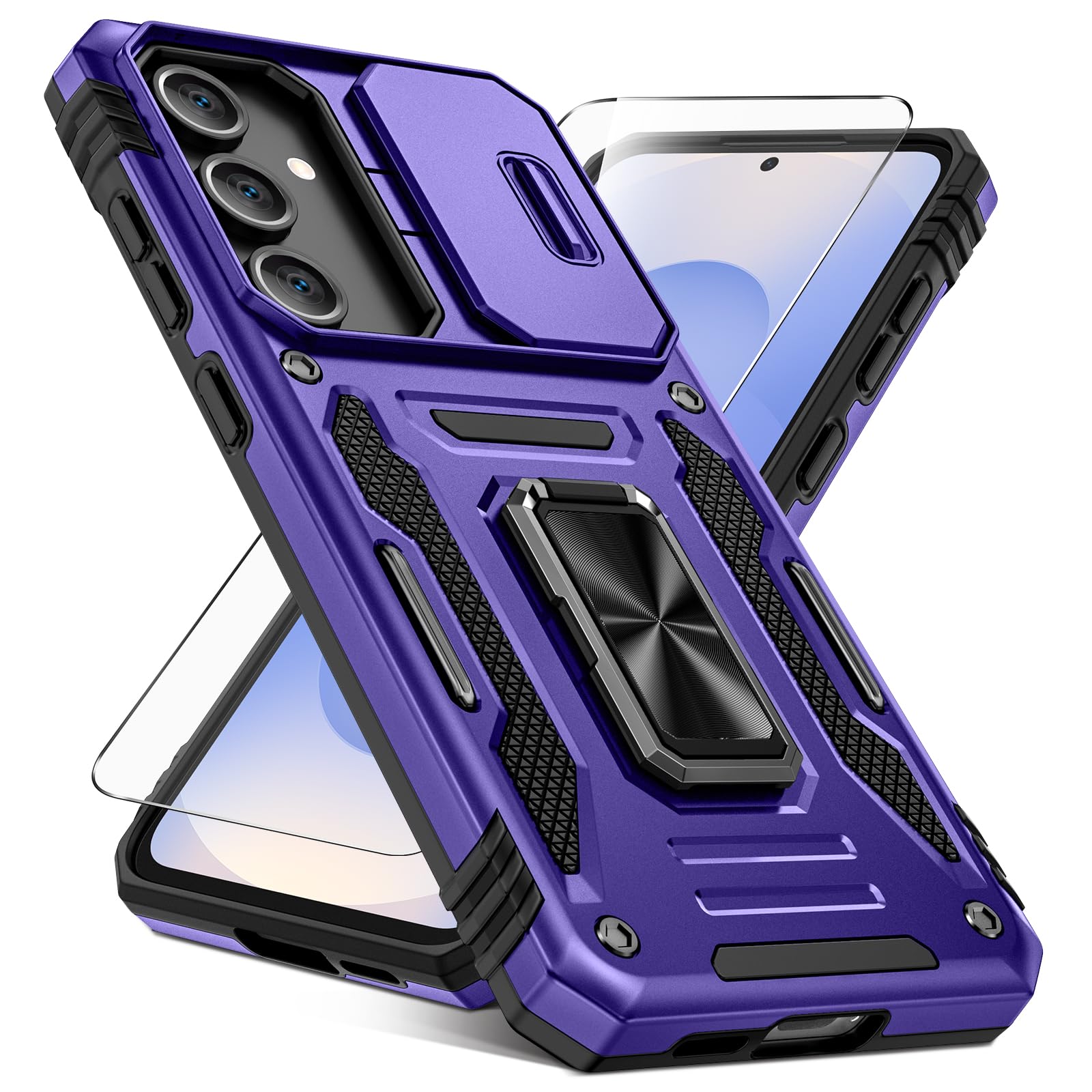 Caka for Samsung Galaxy S25 FE Case [HD Screen Protector] [Full Camera Lens Cover] [360°Rotated Kickstand Ring] [Heavy Duty Protection] Hard Rugged Protective Phone Cover for S25 FE - Purple