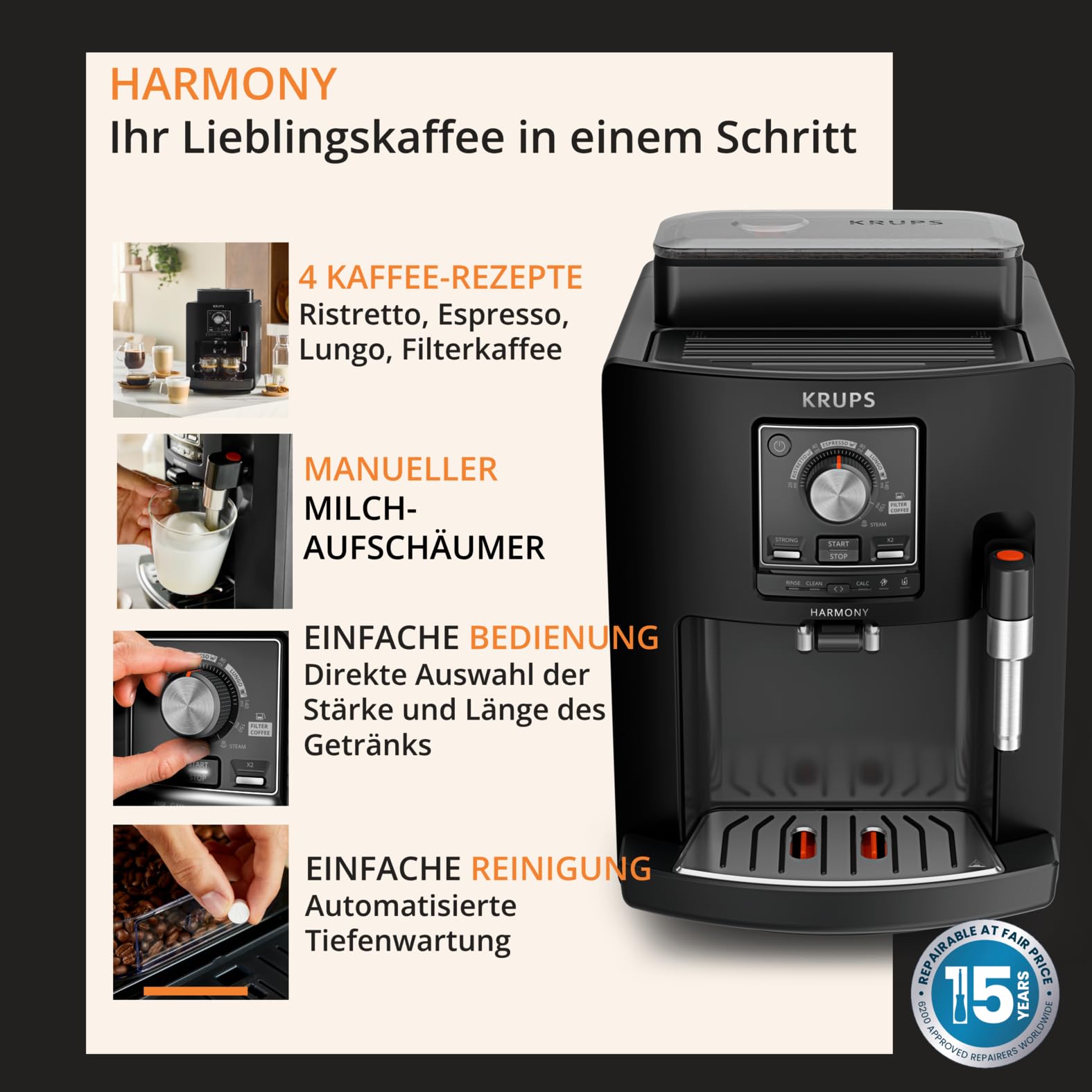 Krups Harmony Kaffeevollautomat mit Milchaufschäumdüse, 4 Kaffeespezialitäten, intuitive Bedienung, automatische Reinigung, kompaktes Design, Schwarz, EA5088E0 6