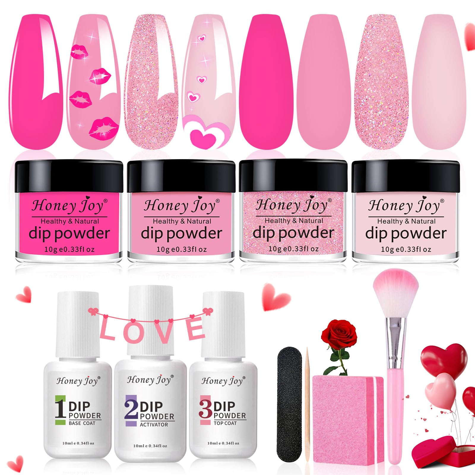 Honey Joy Dip Powder Nail Kit Starter, 4 Colors Hot Pink Glitter Fine Dipping Powder Liquid Set with Base Top Coat Activator for Nail Art Manicure Salon DIY No LED Nail Lamp Needed, Dip-7pcs-01 …