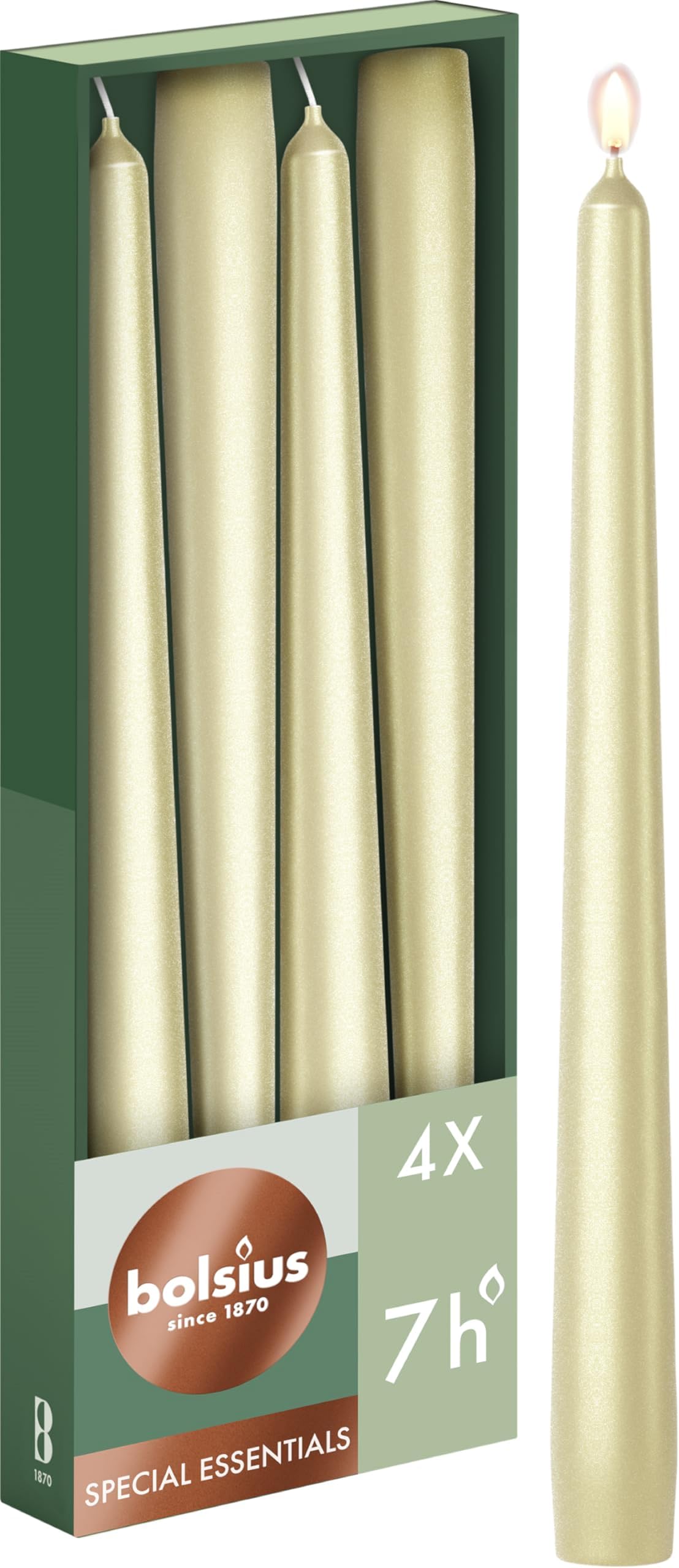Bolsius Tapered Candles - Metallic Silver - 4-Pack - 24.5 cm - Decorative Household Candles - Burn Time of 7 Hours - Unscented - Includes Natural Vegan Wax - Without Palm Oil