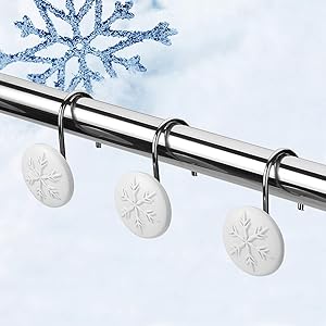 FITNATE 12PCS Anti-Rust Shower Curtain Hooks for Winter, Thanksgiving, Christmas; Resin Decorative Curtain Hooks Used in Bathroom, Bedroom and Living Room Dec -Snow Snowflake Circle– White-Gift Set