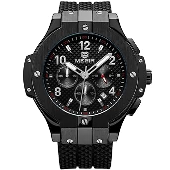 MEGIR Herren Sport Armee Chronograph Quarz Armbanduhren Silikon 24 Stunden Stoppuhr Mann