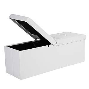 SONGMICS 43" L Folding Storage Ottoman Bench with Flipping Lid, Storage Chest Footrest Padded Seat with Iron Frame Support, White ULSF75WT