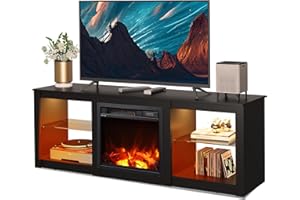 WLIVE Fireplace TV Stand for up to 65 inch TVs, Modern LED Entertainment Center with Electric Fireplace Heater & Adjustable Glass Shelves, Sturdy Media Console for Living Room, Bedroom,Gaming (Black)
