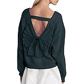 Ythomm Women Crewneck Bow-back Sweatshirt V Cutout Back Long Sleeve Fleece Pullover Tops Fall Cute Aesthetic Sweatshirts