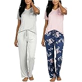 Real Essentials 2 Pack: Women's Comfy Pajama Sets - Short & Long Sleeve Ladies Loungewear Sleepwear PJs (Available In Plus)