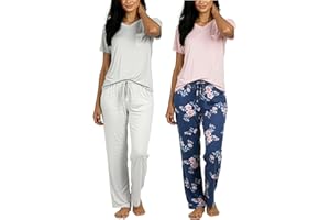 Real Essentials 2 Pack: Women's Comfy Pajama Sets - Short & Long Sleeve Ladies Loungewear Sleepwear PJs (Available In Plus)