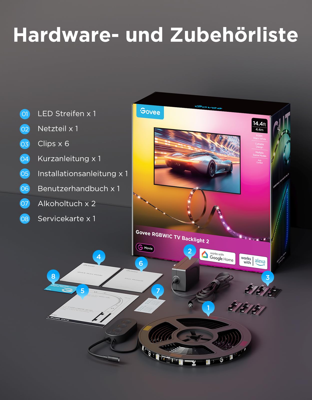 Govee TV LED Hintergrundbeleuchtung 2 Schneidbar für 32-70 Zoll TVs, RGBWIC 4,4m Streifen. 210+ Szenen, Matter-fähig, Musiksync, App-Steuerung, Alexa. Einfache DIY-Installation 8