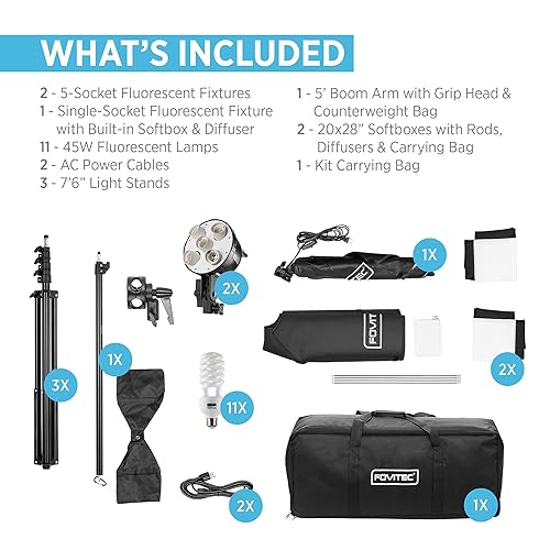 Fovitec 3-Light Fluorescent Studio Lighting Kit w/ Boom arm, 20