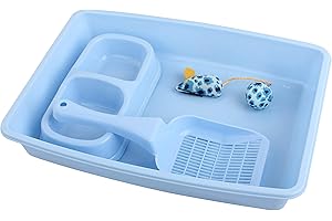 PAWISE Kitty Litter Box Set 5-Pieces - Shallow Cat Litter Pan, Cat Litter Scooper, Feeding Bowls, Kitten Starter Kit Mouse Toy, 14.5x10.5 Inches, Blue