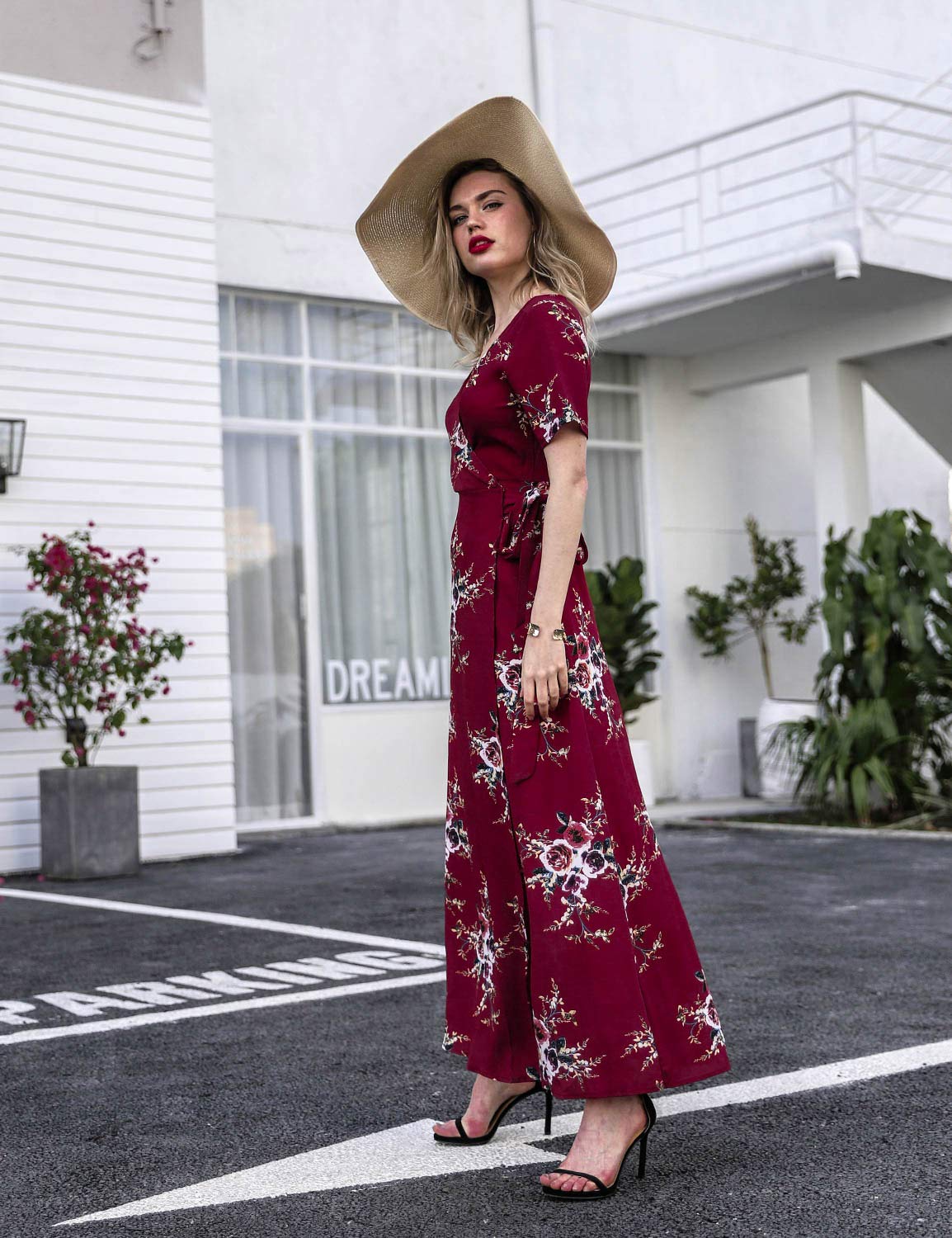 Blooming Jelly Ladies Wrap Dress V Neck Floral Summer Maxi Dresses for Women with Belted Red,M