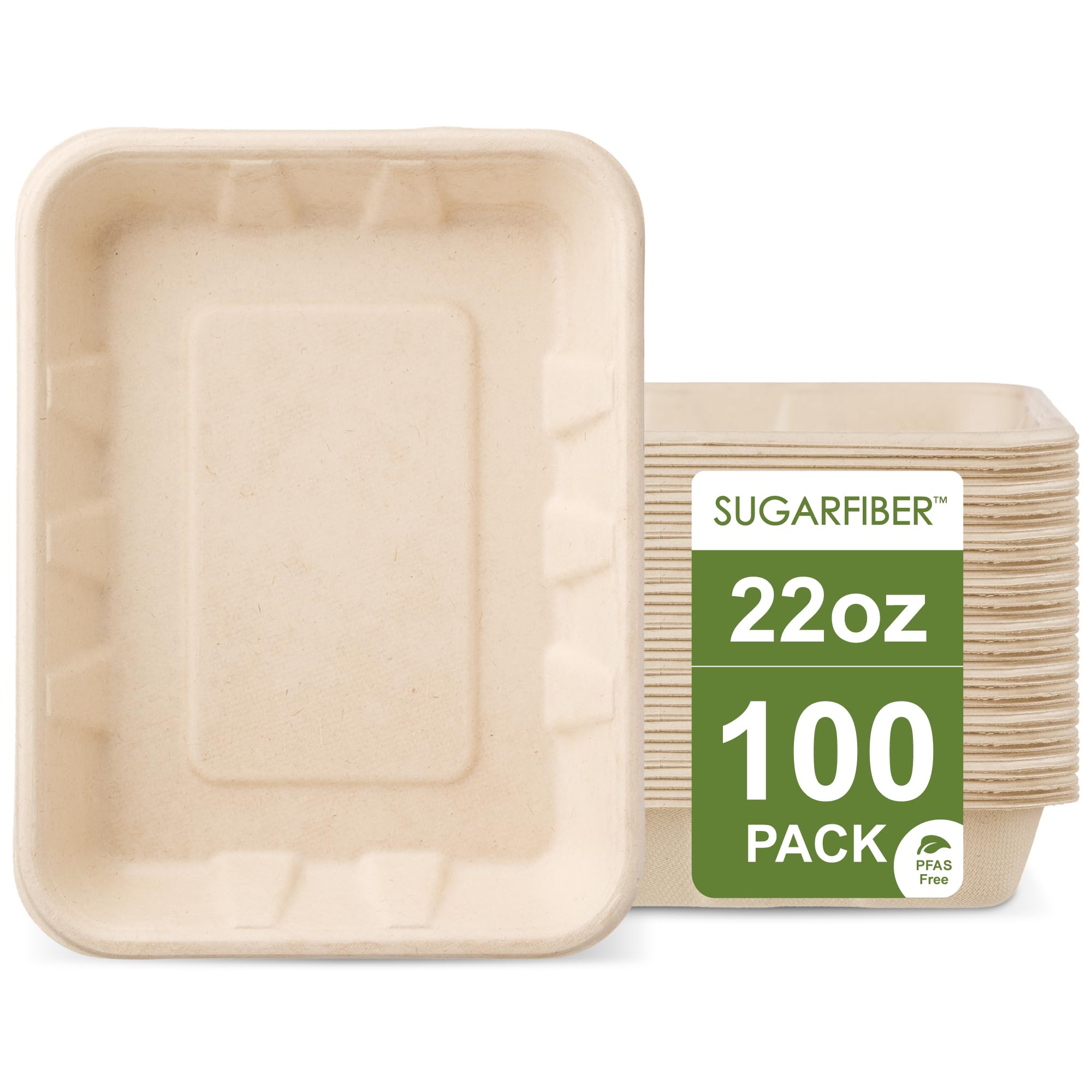 Photo 1 of [100 COUNT]Sugarfiber by Harvest Pack 22 oz PFAS FREE Disposable Food Trays, Disposable Food Container Bagasse Serving Trays, Rectangle, Made from Sugarcane Eco-Friendly Plant Fibers, No Lids included