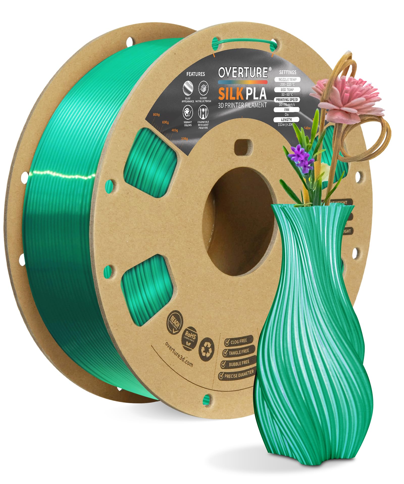 OVERTURE Silk Filament PLA 1.75mm Clog-Free Shiny 3D Printer Consumables, 1kg Spool (2.2lbs), Dimensional Accuracy +/- 0.02 mm, Fit Most FDM Printer (Silk Green)