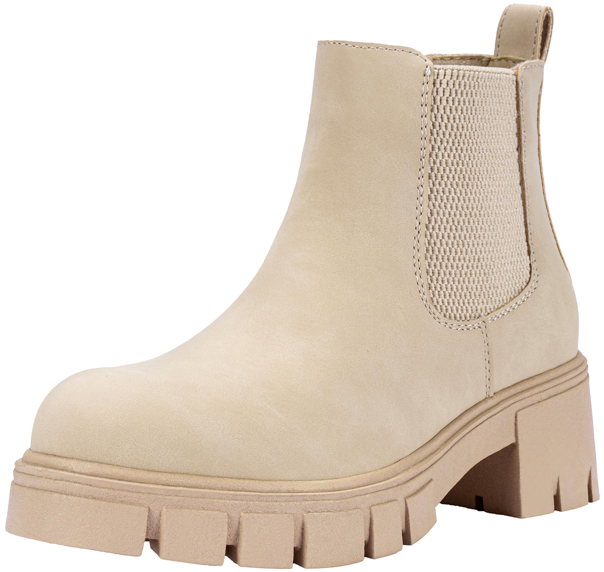 Photo 1 of ***HEAVILY USED/ DIRTY/ SCRATCHES*** Vepose Women's Beige Chelsea Ankle Boots Platform Elastic Slip on 936 Booties with Low Lug Sole Chunky Block Heel Size 8 (CJY936 Beige 08)